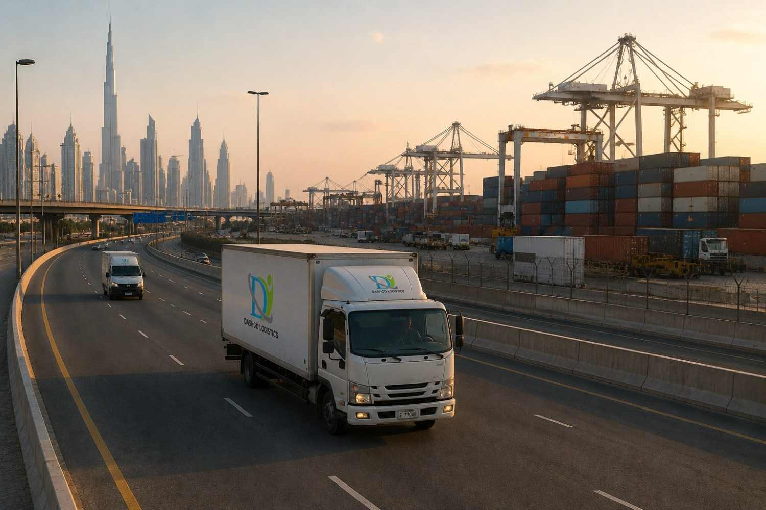 Land transportation in the UAE showing road freight services and cross-border GCC shipping routes connecting the UAE with Saudi Arabia and Oman.