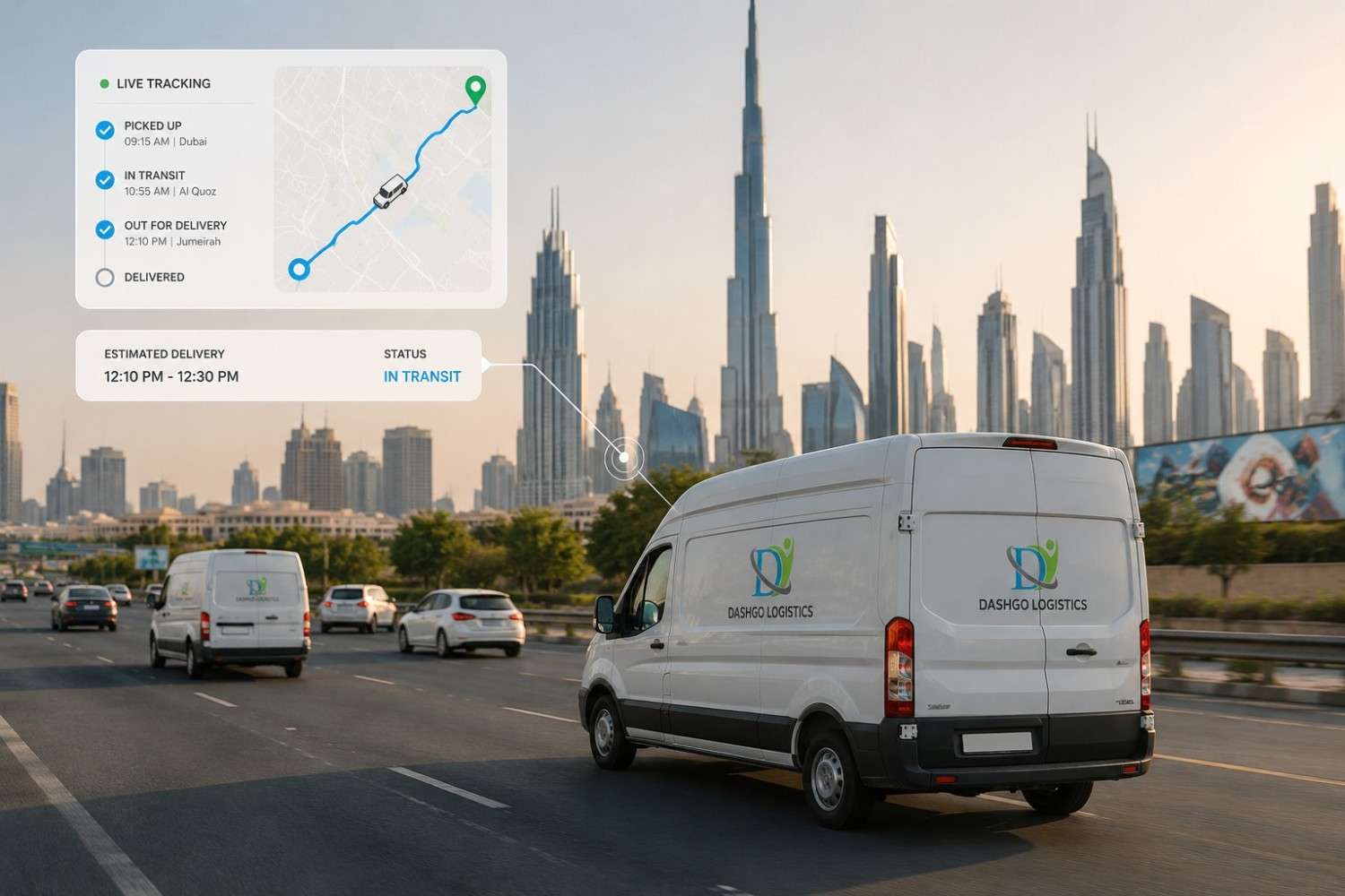 A logistics tracking dashboard showing real-time shipment locations, route updates, and delivery status for improved visibility.